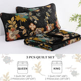 WONGS BEDDING Quilt Set Queen Size, Black Botanical Queen Bedspread Bedding Sets, 3 Pieces Floral Quilt with 2 Pillowcases,Soft Lightweight Microfiber Coverlet Set for All Season(96"X90") WONGS BEDDING