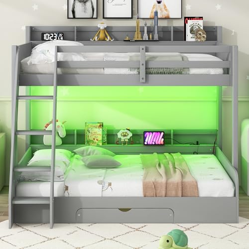 Twin over Full Bunk Bed with Storage Shelves, Wood Twin Bunk Beds with Ladder and Built-in Drawer, Multifunctional Bunk Bed Frame with Led Lights and Charging Station for Kids Girls Boys, Gray Harper & Bright Designs