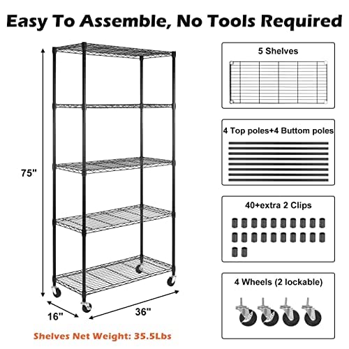 WDT 5 Tier Shelf Shelving Unit with Wheels,Adjustable Metal Shelves for Storage, NSF Wire Shelving Rack,350lbs Loading Capacity Per Shelf Storage Shelves for Kitchen Garage, 36" D x 16" W x 75" H WDT