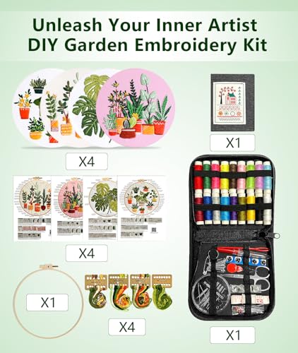 Irosiy 4 Pack Embroidery Kit for Beginners - 4 Cute Plant Pot Patterns, All-Inclusive Starter Set with Pre-Printed Canvas, Hoops - Handmade Home Decor Gift for DIY Craft Lovers Irosiy