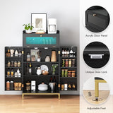 HOOBRO Pantry Cabinet with Charging Station, Kitchen Pantry Cabinet with LED Light and Storage Shelves, Kitchen Pantry with Acrylic Drawer Door for Kitchen, Dining Room, Black and Gold DB22UDPC01 HOOBRO