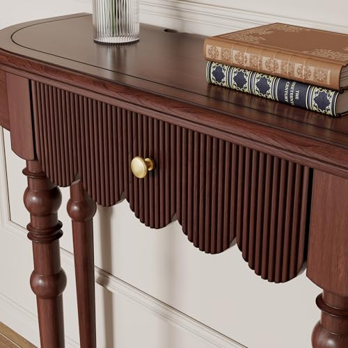 Etelifrank Solid Wood Console Table with Drawer – Dark Walnut Entryway Table with Scalloped Edge and Straight Legs, Narrow Accent Sofa Table for Living Room or Hallway(Dark Walnut) Etelifrank