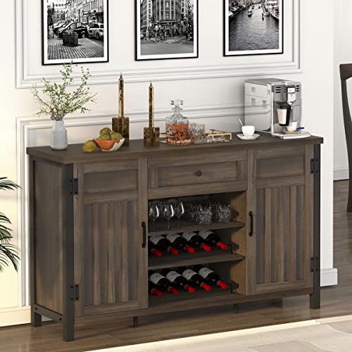 FATORRI Industrial Coffee Bar Cabinet with Wine Rack, Wood Buffet and Sideboard with Storage Cabinet, Rustic Credenza Cupboard for Kitchen Dining Room (55.12 Inch, Walnut Brown) FATORRI