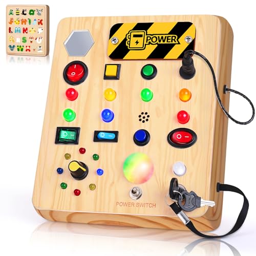 TINTECUSA Busy Board with LED Light, Wooden Sensory Toys for Toddler, Montessori Music Toy for Airplane, Travel Activity Educational Learning Autism Toys, Birthday Boys Girls Gifts TINTECUSA