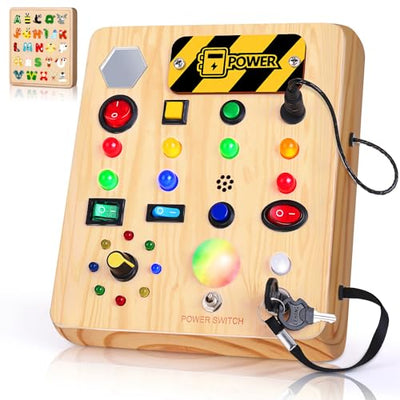 TINTECUSA Busy Board with LED Light, Wooden Sensory Toys for Toddler, Montessori Music Toy for Airplane, Travel Activity Educational Learning Autism Toys, Birthday Boys Girls Gifts