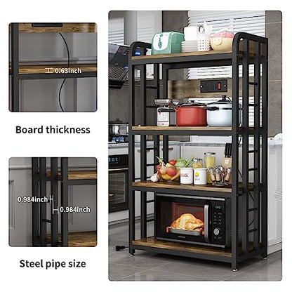 SIREDEEP Rustic Brown 4-Tier Bakers Rack with Power Outlet – Versatile Kitchen Storage and Microwave Stand - WoodArtSupply