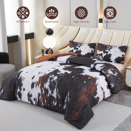 PERFEMET Black King Size Comforter Set 3 Pieces Cow Print Bedding Set Western Farmhouse Rustic Bed Comforter Animal Cowhide Quilt Set for Bedroom Decoration PERFEMET