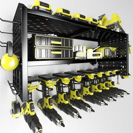 KAFAHOM Power Tool Organizer，Large 8 Drill Holder Wall Mount with 2 Side Pegboards,Metal Tool Shelf with 12 Hooks，Storage Rack for Garage KAFAHOM