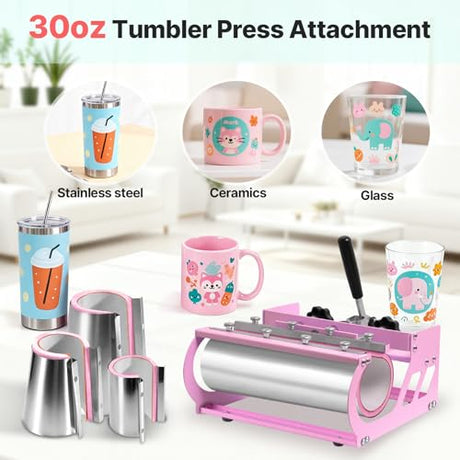 Slendor 8 in 1 Heat Press Machine 15x15 inch 360-Degree Swing Away Digital T Shirt Pressing Machine Multifunction Heat Transfer Sublimation Combo for T Shirts Mugs Hat Plate Cap,Pink Slendor