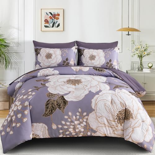 Luxudecor Floral King Comforter Set 7 Pieces Bed in a Bag, White Flower Print on Light Purple Bedding Set, Soft Reversible Comforter with Sheet Set 104"x90" Luxudecor