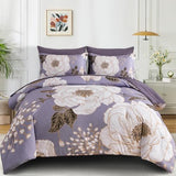 Luxudecor Floral King Comforter Set 7 Pieces Bed in a Bag, White Flower Print on Light Purple Bedding Set, Soft Reversible Comforter with Sheet Set 104"x90" Luxudecor
