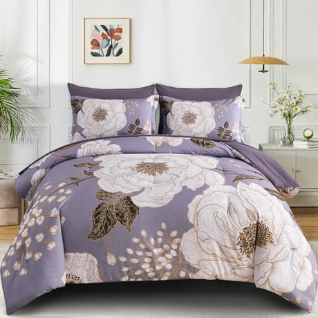 Luxudecor Floral King Comforter Set 7 Pieces Bed in a Bag, White Flower Print on Light Purple Bedding Set, Soft Reversible Comforter with Sheet Set 104"x90" Luxudecor