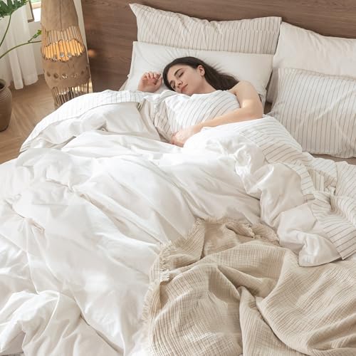 MooMee Bedding Duvet Cover Set 100% Washed Cotton Linen Like Textured Breathable Durable Soft Comfy (Solid Off White, Queen 90"x90") MooMee