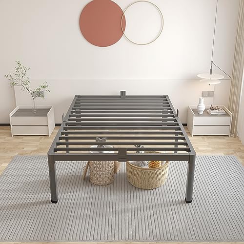ROIL 14 inch Twin Bed Frames with Headboard Hole and Round Corner Legs Mattress Retainers 3500LBS Heavy Duty Steel Slats No Box Spring Needed Platform Noise-Free Easy Assembly ROIL