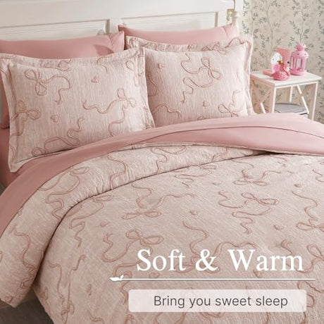 Geniospin Pink Twin Comforter Set for Girls- 5 Pieces Bowknot Jacquard Bed in A Bag Twin Bedding Sets with Sheets, Pillowcases & Shams, All Season Kids Comforter Set Geniospin