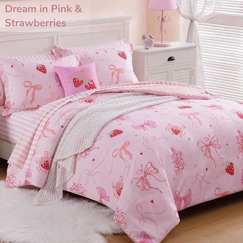 Wink Deer Twin Comforter Set for Girls-5 Pieces Pink Bow Twin Bedding Sets for Kids, Ultra Soft Bed in A Bag with Sheets Wink Deer