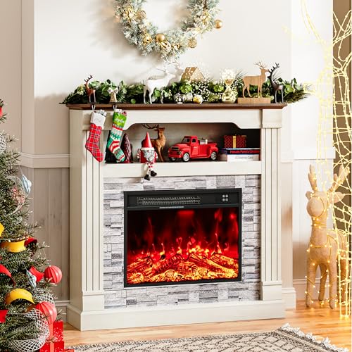 TRONLEE 40" H Electric Fireplace with Mantel, LED Flame Effect,4800 BTU Heating Small to Medium Spaces 60-99°F,Overheat Protection,Remote Control,Freestanding (Off White) TRONLEE