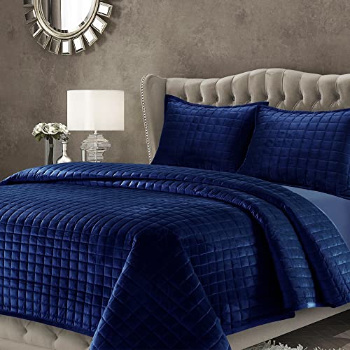Tribeca Living Luxury Velvet Quilt Queen Size Set - 260GSM Ultra-Soft Oversized Velvet Bedspread Comforter Set with 2 Shams, in Florence Navy Blue Tribeca Living