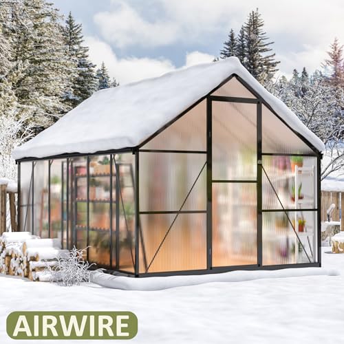 AirWire 12x8 FT Greenhouse for Outdoors, Quick Setup Polycarbonate Greenhouse with Roof Vent, Aluminum Large Walk-in Greenhouse for Outside Garden Backyard, Black AirWire
