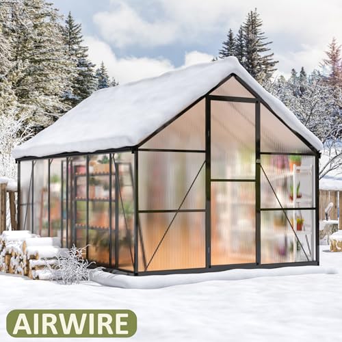 AirWire 12x8 FT Greenhouse for Outdoors, Quick Setup Polycarbonate Greenhouse with Roof Vent, Aluminum Large Walk-in Greenhouse for Outside Garden Backyard, Black