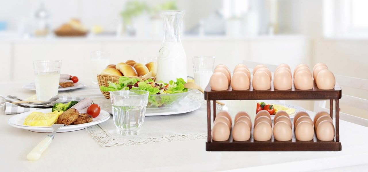 Acacia Wooden Double Layer Egg Holder, 36 Capacity Farmhouse Kitchen 2 Tier Fresh Egg Storage Rack Basket, Deviled Egg Plates Egg Tray Organizer for Countertop - WoodArtSupply