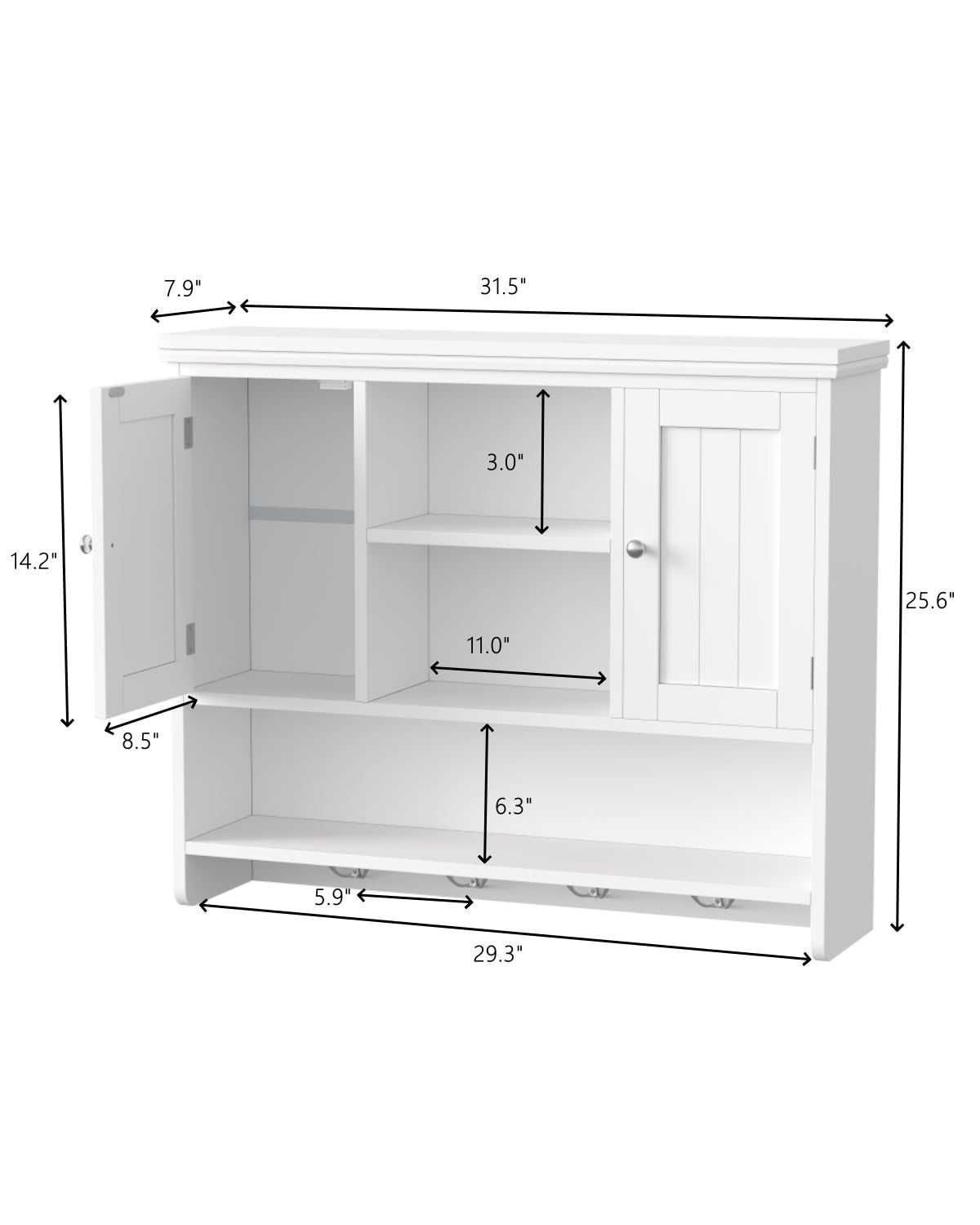 Irontar 31.5" L Large Medicine Cabinet with 4 Hooks, Wooden Bathroom Wall Cabinet with Shelf, Modern Hanging Cabinet Over Toilet, Lined Door, for Living Room, Entryway, Kitchen, White Irontar