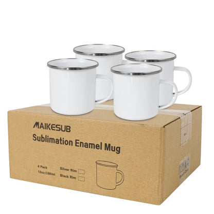 MAIKESUB 4 Pcs Sublimation Blank White Enamel Mug 12 OZ with Silver Rim Camping Travel Coffee Metal Mug Can be used as a gift for Christmas Thanksgiving Mother's Day Father's Day