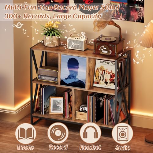 Welfuturer Large 3 Tier Record Player Stand Turntable Stand with Vinyl Storage Holds up to 300+ Albums Mid-Century Record Player Cabinet Table for Vinyl Records with 4 Dividers for Living Room (Brown) Welfuturer