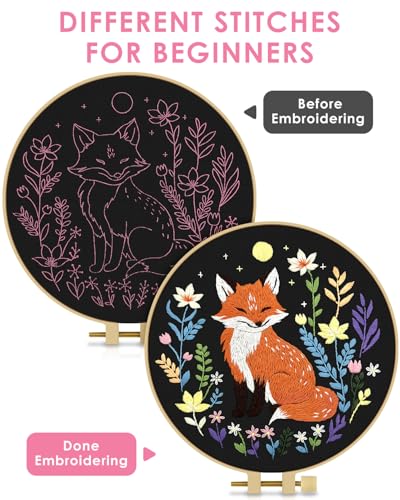 TINDTOP Embroidery Kit for Beginners Adult, Fox Embroidery Kit for Beginners Include Embroidery Cloth Hoops Threads for Craft Lover Hand Stitch with Embroidery Skill Techniques TINDTOP