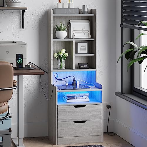Stylish ADORNEVE Tall Night Stand with LED Lights, Charging Station, and Storage Drawers in Grey ADORNEVE