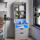 Stylish ADORNEVE Tall Night Stand with LED Lights, Charging Station, and Storage Drawers in Grey ADORNEVE