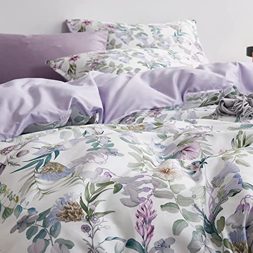 La Sheer Floral Duvet Cover Set Garden Style Twin 2 Pieces Bedding Set, Ultra Soft Green Leaves Botanical Flowers Pattern Lavender Reversible Farmhouse 1 Comforter Cover + 1 Pillowsham(No Comforter) La Sheer