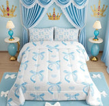 jejeloiu Cute Blue Bow Bedding Set Twin Size Ribbon Bow Comforter Set for Kids Women Cartoon Love Heart Duvet Set Blue White Quilt Set 2Pcs jejeloiu