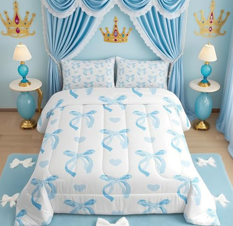 jejeloiu Cute Blue Bow Bedding Set Twin Size Ribbon Bow Comforter Set for Kids Women Cartoon Love Heart Duvet Set Blue White Quilt Set 2Pcs jejeloiu