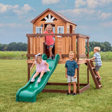 Backyard Discovery Echo Heights Elevated Cedar Playhouse, Play Kitchen, Powered Blender, Working Bell, 6 ft Wave Slide, Wrap-Around Deck, Flat Step Ladder, Growth Chart Backyard Discovery