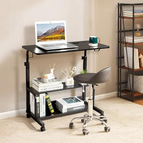 Karl home 31.5" Portable Rolling Desk on Wheels,Height Adjustable Standing Desk with 2 AC Outlets/3 USB Ports,Mobile Laptop Table with Hooks and Storage Shelves for Home Office，Black Karl home
