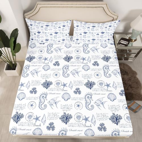 Coastal Sheet Set King Size,Seashell Conch Seahorse Starfish Coral Bedding Set 4Pcs,Ocean Beach Nautical Bed Sheet for Kids Teens Adult Room Decor,Navy White Fitted + Flat Sheet,2 Pillowcases Homewish