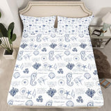 Coastal Sheet Set King Size,Seashell Conch Seahorse Starfish Coral Bedding Set 4Pcs,Ocean Beach Nautical Bed Sheet for Kids Teens Adult Room Decor,Navy White Fitted + Flat Sheet,2 Pillowcases Homewish