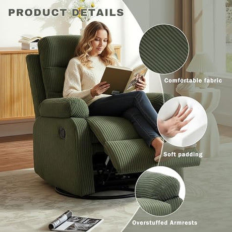 GAOHAPY Rocking Recliner Chair,Modern Swivel Glider Recliner Chair,Corduroy Fabric Upholstery Recliner,Manual Reclining Sofa Chair for Living Room,Office,Apartment (Green) GAOHAPY