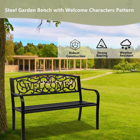 50" Outdoor Metal Welcome Bench, Garden Bench with Slatted Seat, Patio Bench for Park, Porch, Yard, Entryway, Black Generic