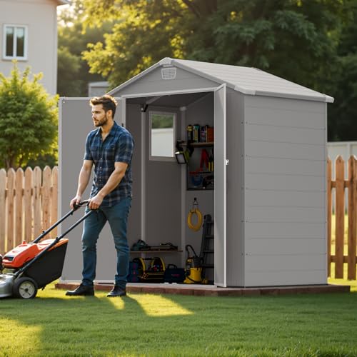 Greesum 6×4FT Plastic Outdoor Storage Shed with Floor, Resin Storaged Sheds with Lockable Double Door, Window & Vents, All-Weather Tool Sheds for Garden, Backyard, Patio, Light Gray Greesum