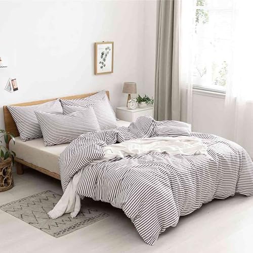 Nanko King Size Comforter Set, Grey and White Striped Print Pattern Soft Reversible Down Alternative Quilted Duvet Insert Bed Sets, Bedding Sets in a Bag for Women Men Teen, 104x90 3 Pcs Gray Stripe Nanko