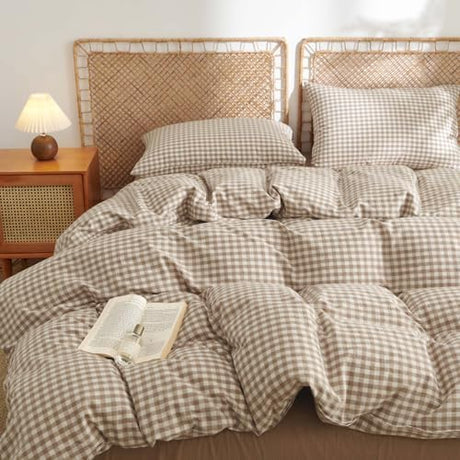 Nayoroom Gingham Duvet Cover King Size 100% Washed Cotton Brown Tan Plaid Checkered Comforter Cover 3 Pcs Soft Breathable Grid Farmhouse Dorm Bedding Set for All Seasons Nayoroom