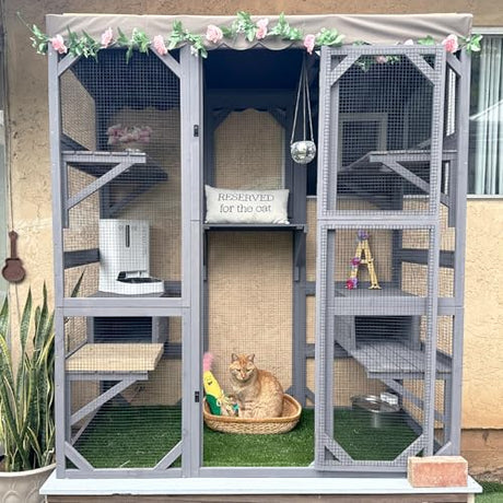 GUTINNEEN Catio Outdoor Cat Enclosure 70" Large Wooden Cat House Walk-in Cat Cage Kitty Shlter Playpen with 7 Platforms, 2 Resting Boxes, Waterproof Cover for 2-6 Cats (Grey) GUTINNEEN