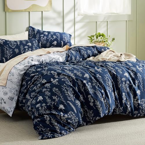 Bedsure Twin/Twin XL Duvet Cover - Reversible Navy Blue Duvet Cover Set with Zipper Closure, 2 Pieces Cute Floral Patterned Bedding Set with 8 Corner Ties and 1 Pillow Sham Bedsure