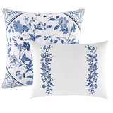 Laura Ashley - King Comforter Set, Reversible Cotton Bedding, Includes Matching Shams with Bonus Euro Shams & Throw Pills (Elise Blue, King) Laura Ashley