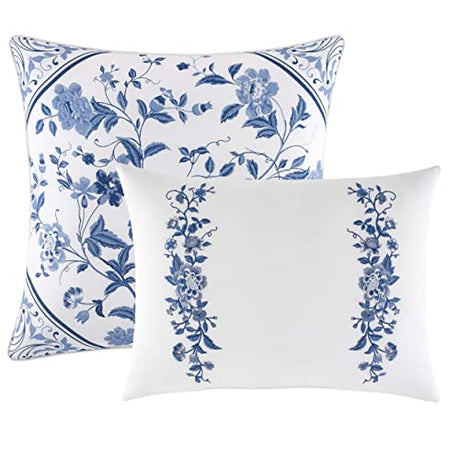Laura Ashley - King Comforter Set, Reversible Cotton Bedding, Includes Matching Shams with Bonus Euro Shams & Throw Pills (Elise Blue, King) Laura Ashley