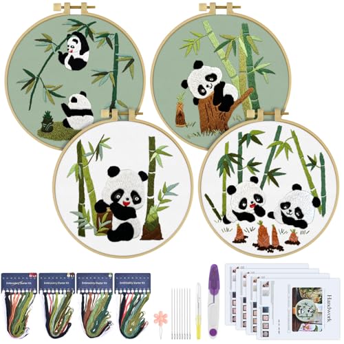 ERKOON 4 Sets Embroidery Kit for Beginners, Animal Cross Stitch Set for Adult Include Embroidery Cloth Hoops Threads for Craft Lover Hand Stitch (Panda)
