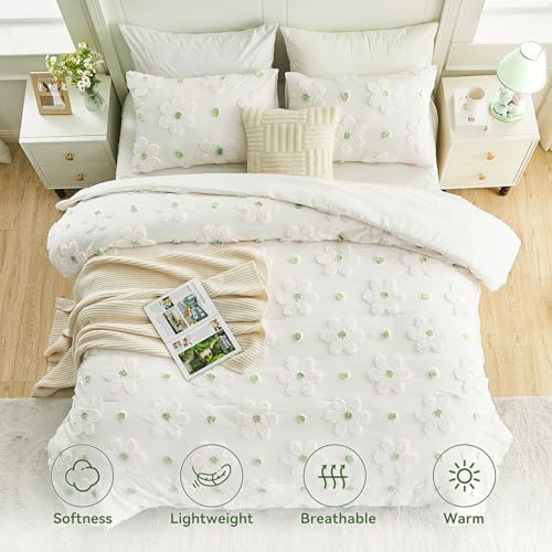 VIVILINEN Full Size Comforter Sets for Girls Floral Bedding Cute Comforter with Tufted Daisies Flowers, Lightweight Full Bed Set 3 Pieces for Kids Teen Girls Women, Green VIVILINEN