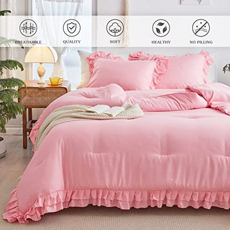 Pink Ruffled Comforter Set Twin Size, 3 Pieces (1 Ruffled Comforter and 2 Pillowcases) Farmhouse Shabby Chic Style with 2 Layers Ruffle, Solid Color Lightweight Soft Fluffy Bedding Sets for Girls Flysheep